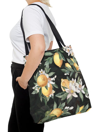 Mediterranean Lemon Blossom Tote Bag — Floral Citrus, Black