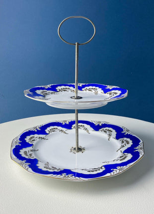 Antique 2-Tiered Display Stand for Sweets, Baked Goods, Cup Cakes, Fruit. Cobalt Blue & Gold Motifs. Dining Rm Decor. Tea Party Accessories.