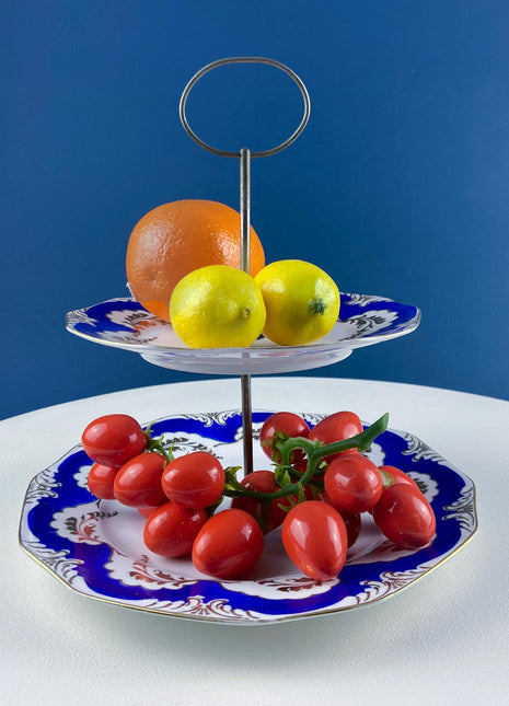 Antique 2-Tiered Display Stand for Sweets, Baked Goods, Cup Cakes, Fruit. Cobalt Blue & Gold Motifs. Dining Rm Decor. Tea Party Accessories.