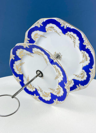 Antique 2-Tiered Display Stand for Sweets, Baked Goods, Cup Cakes, Fruit. Cobalt Blue & Gold Motifs. Dining Rm Decor. Tea Party Accessories.
