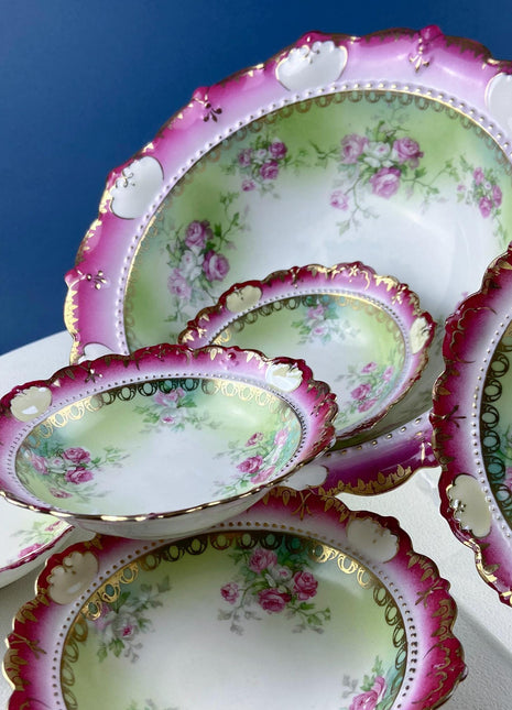 Antique Austrian Hand Painted Porcelain Serving Bowl with Matching Salad Dessert Bowls. Rose Motif Ornate Scalloped Edge. Dining Room Decor.