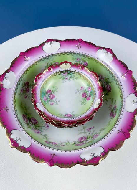 Antique Austrian Hand Painted Porcelain Serving Bowl with Matching Salad Dessert Bowls. Rose Motif Ornate Scalloped Edge. Dining Room Decor.