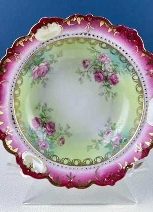 Antique Austrian Hand Painted Porcelain Serving Bowl with Matching Salad Dessert Bowls. Rose Motif Ornate Scalloped Edge. Dining Room Decor.