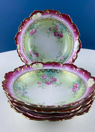 Antique Austrian Hand Painted Porcelain Serving Bowl with Matching Salad Dessert Bowls. Rose Motif Ornate Scalloped Edge. Dining Room Decor.