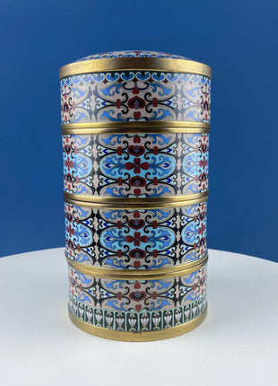 Antique Chinese Cloisonne Stackable Boxes. Set of 4 Bowls. Brass Trims. Food Carrier Trinket Storage. Ethnic Art. Asian Ethnic Home Decor.