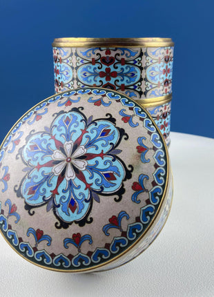 Antique Chinese Cloisonne Stackable Boxes. Set of 4 Bowls. Brass Trims. Food Carrier Trinket Storage. Ethnic Art. Asian Ethnic Home Decor.