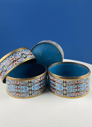 Antique Chinese Cloisonne Stackable Boxes. Set of 4 Bowls. Brass Trims. Food Carrier Trinket Storage. Ethnic Art. Asian Ethnic Home Decor.