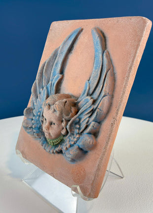 Antique Ellison Tile with Angel Cherub. 3D Wall Art. Terracotta Wall Plaque. Home Decor. Collectible.