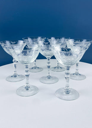 Antique Fostoria Crystal Chintz Champagne Glasses. Set of Five Stemware with Etched Wild Roses. Home Dining Table Decor.