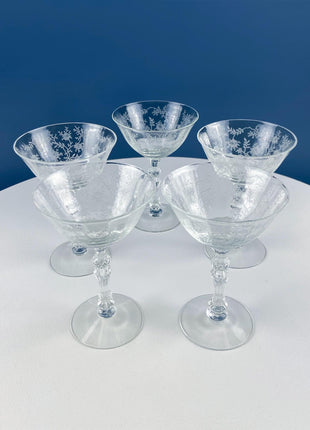 Antique Fostoria Crystal Chintz Champagne Glasses. Set of Five Stemware with Etched Wild Roses. Home Dining Table Decor.