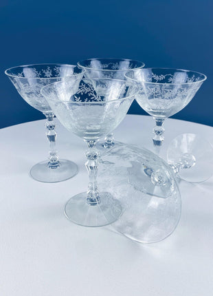 Antique Fostoria Crystal Chintz Champagne Glasses. Set of Five Stemware with Etched Wild Roses. Home Dining Table Decor.