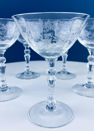 Antique Fostoria Crystal Chintz Champagne Glasses. Set of Five Stemware with Etched Wild Roses. Home Dining Table Decor.