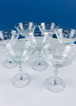Antique Fostoria Crystal Chintz Champagne Glasses. Set of Five Stemware with Etched Wild Roses. Home Dining Table Decor.