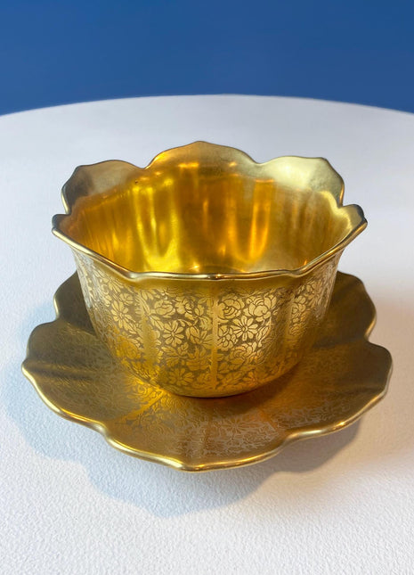 Antique, Gilded Porcelain Serving Bowl with Matching Saucer. Scalloped Brims. Embossed Floral Texture. Gold Serveware.
