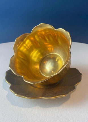 Antique, Gilded Porcelain Serving Bowl with Matching Saucer. Scalloped Brims. Embossed Floral Texture. Gold Serveware.