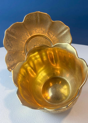 Antique, Gilded Porcelain Serving Bowl with Matching Saucer. Scalloped Brims. Embossed Floral Texture. Gold Serveware.