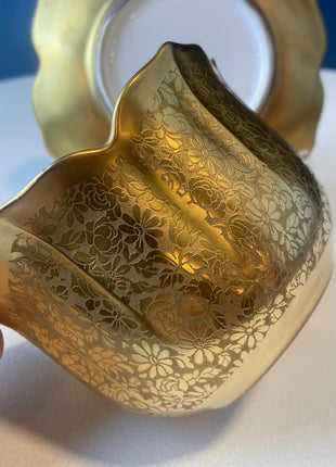 Antique, Gilded Porcelain Serving Bowl with Matching Saucer. Scalloped Brims. Embossed Floral Texture. Gold Serveware.