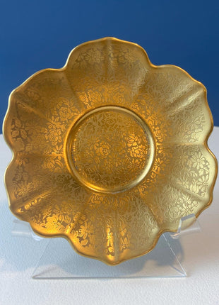Antique, Gilded Porcelain Serving Bowl with Matching Saucer. Scalloped Brims. Embossed Floral Texture. Gold Serveware.