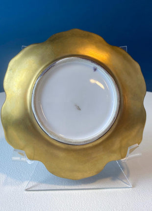 Antique, Gilded Porcelain Serving Bowl with Matching Saucer. Scalloped Brims. Embossed Floral Texture. Gold Serveware.