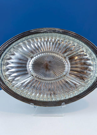Antique Oval Silver & Glass Serving Platter. Godinger Silver Art. Fluted Glass with Etched Reticulated Silver Tray. Hosting Essential.