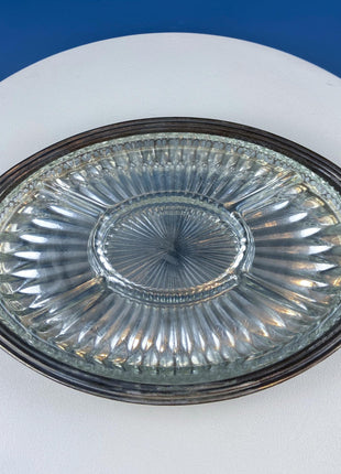 Antique Oval Silver & Glass Serving Platter. Godinger Silver Art. Fluted Glass with Etched Reticulated Silver Tray. Hosting Essential.