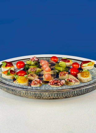 Antique Oval Silver & Glass Serving Platter. Godinger Silver Art. Fluted Glass with Etched Reticulated Silver Tray. Hosting Essential.