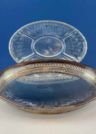 Antique Oval Silver & Glass Serving Platter. Godinger Silver Art. Fluted Glass with Etched Reticulated Silver Tray. Hosting Essential.