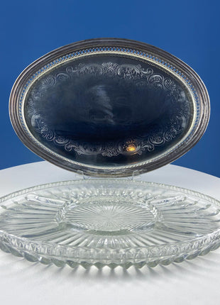 Antique Oval Silver & Glass Serving Platter. Godinger Silver Art. Fluted Glass with Etched Reticulated Silver Tray. Hosting Essential.