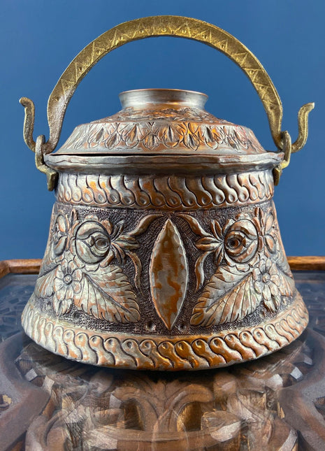 Antique Hand Pounded Copper & Tin Pail Storage Container or Vase with Lid and Brass Handle. Embossed Floral Folk Motif. Ethnic Home Decor.