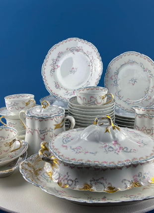 Antique Limoges Breakfast Lunch Dish Set for 8. Floral Motif: Forget-me-Nots Tea Roses. French Country Living. Dining Tea Room Decor.