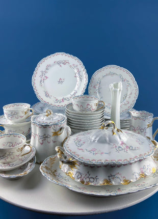 Antique Limoges Breakfast Lunch Dish Set for 8. Floral Motif: Forget-me-Nots Tea Roses. French Country Living. Dining Tea Room Decor.