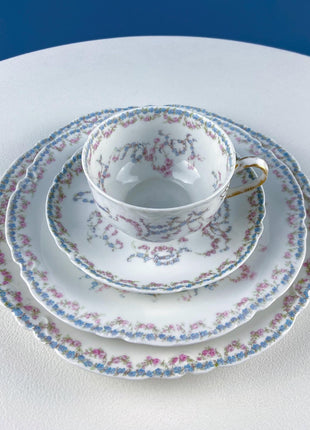 Antique Limoges Breakfast Lunch Dish Set for 8. Floral Motif: Forget-me-Nots Tea Roses. French Country Living. Dining Tea Room Decor.