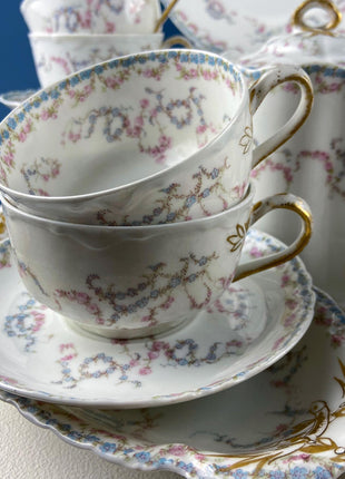 Antique Limoges Breakfast Lunch Dish Set for 8. Floral Motif: Forget-me-Nots Tea Roses. French Country Living. Dining Tea Room Decor.
