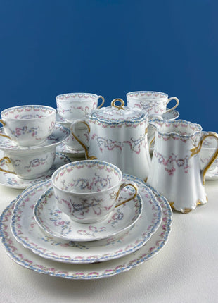 Antique Limoges Breakfast Lunch Dish Set for 8. Floral Motif: Forget-me-Nots Tea Roses. French Country Living. Dining Tea Room Decor.