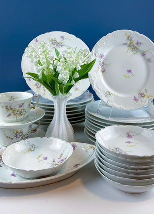 Antique Limoges J.Pouyat Dish Set. Floral Motif Violets. Shabby Chic Home Decor. French Country Serveware.
