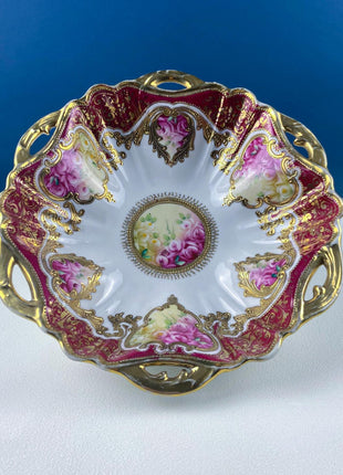 Antique Nippon Porcelain Bowl. Centerpiece Dish with Scalloped Edges Gold Framework & Hand Painted Flowers. Dining Room Decor.