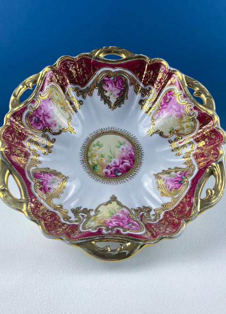 Antique Nippon Porcelain Bowl. Centerpiece Dish with Scalloped Edges Gold Framework & Hand Painted Flowers. Dining Room Decor.