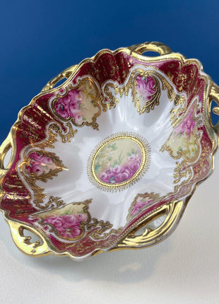 Antique Nippon Porcelain Bowl. Centerpiece Dish with Scalloped Edges Gold Framework & Hand Painted Flowers. Dining Room Decor.