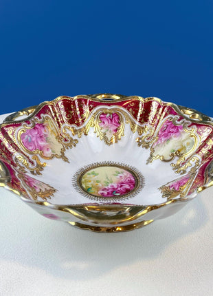 Antique Nippon Porcelain Bowl. Centerpiece Dish with Scalloped Edges Gold Framework & Hand Painted Flowers. Dining Room Decor.