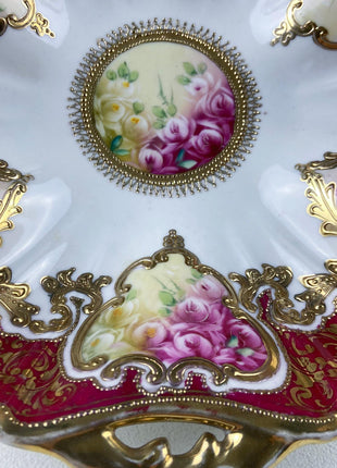 Antique Nippon Porcelain Bowl. Centerpiece Dish with Scalloped Edges Gold Framework & Hand Painted Flowers. Dining Room Decor.