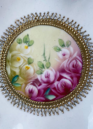 Antique Nippon Porcelain Bowl. Centerpiece Dish with Scalloped Edges Gold Framework & Hand Painted Flowers. Dining Room Decor.