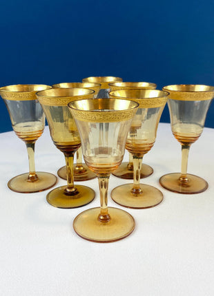 Antique Tiffin Sherry Cordial Sweet Wine Fluted Glasses with Gold Embossed Rims. Set of 8. Dining Room Table Decor. Holiday Celebration.