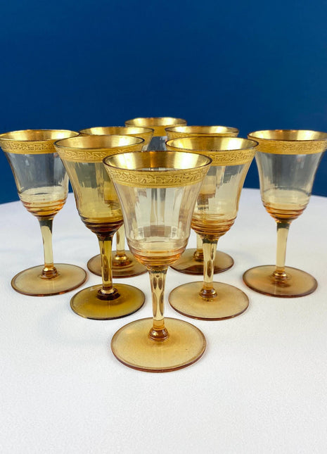 Antique Tiffin Sherry Cordial Sweet Wine Fluted Glasses with Gold Embossed Rims. Set of 8. Dining Room Table Decor. Holiday Celebration.