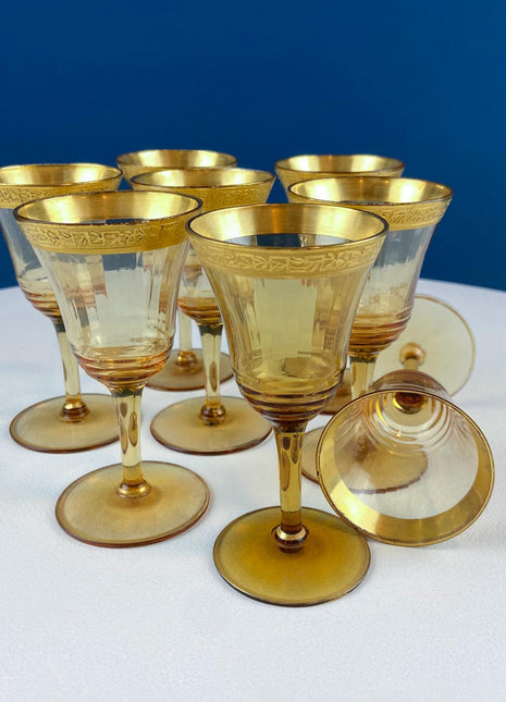 Antique Tiffin Sherry Cordial Sweet Wine Fluted Glasses with Gold Embossed Rims. Set of 8. Dining Room Table Decor. Holiday Celebration.