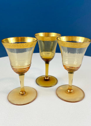 Antique Tiffin Sherry Cordial Sweet Wine Fluted Glasses with Gold Embossed Rims. Set of 8. Dining Room Table Decor. Holiday Celebration.