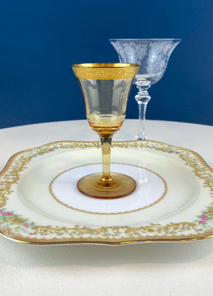 Antique Tiffin Sherry Cordial Sweet Wine Fluted Glasses with Gold Embossed Rims. Set of 8. Dining Room Table Decor. Holiday Celebration.