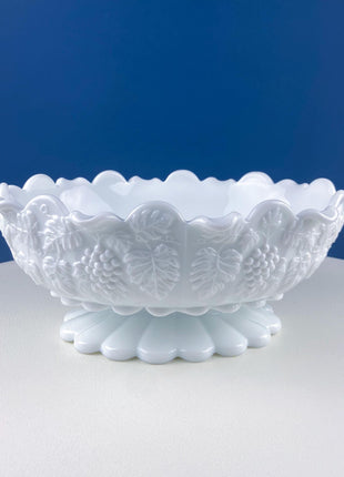 Antique Westmoreland Milk Glass Bowl with Embossed Grapes & Vines Motif and Scalloped Edge. White Oval Serving Dish. Table Kitchen Decor.