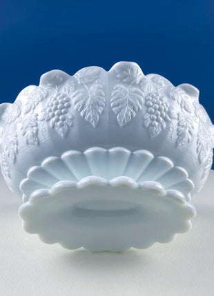 Antique Westmoreland Milk Glass Bowl with Embossed Grapes & Vines Motif and Scalloped Edge. White Oval Serving Dish. Table Kitchen Decor.
