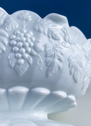 Antique Westmoreland Milk Glass Bowl with Embossed Grapes & Vines Motif and Scalloped Edge. White Oval Serving Dish. Table Kitchen Decor.