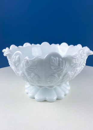 Antique Westmoreland Milk Glass Bowl with Embossed Grapes & Vines Motif and Scalloped Edge. White Oval Serving Dish. Table Kitchen Decor.